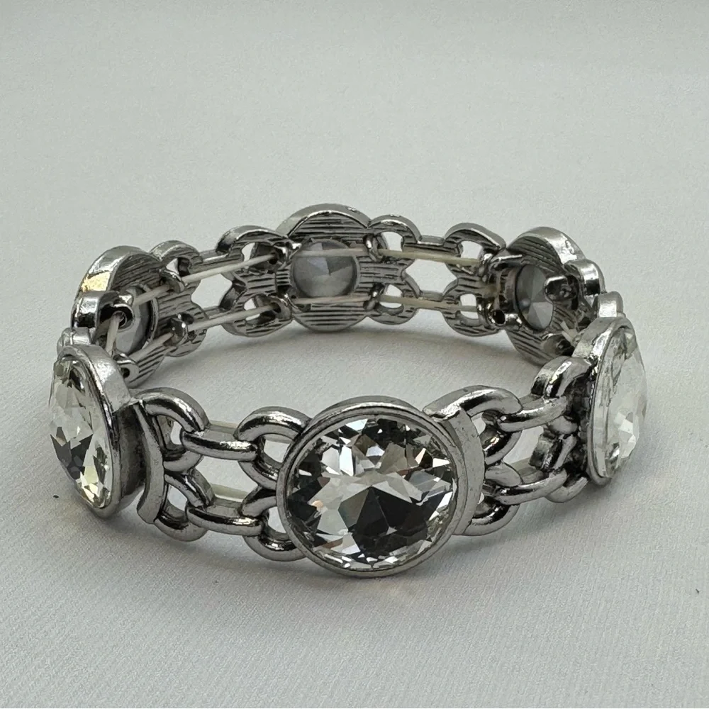 Silver Tone Crystal Stretch Bracelet Round Rhinestone Statement Bold Sparkle